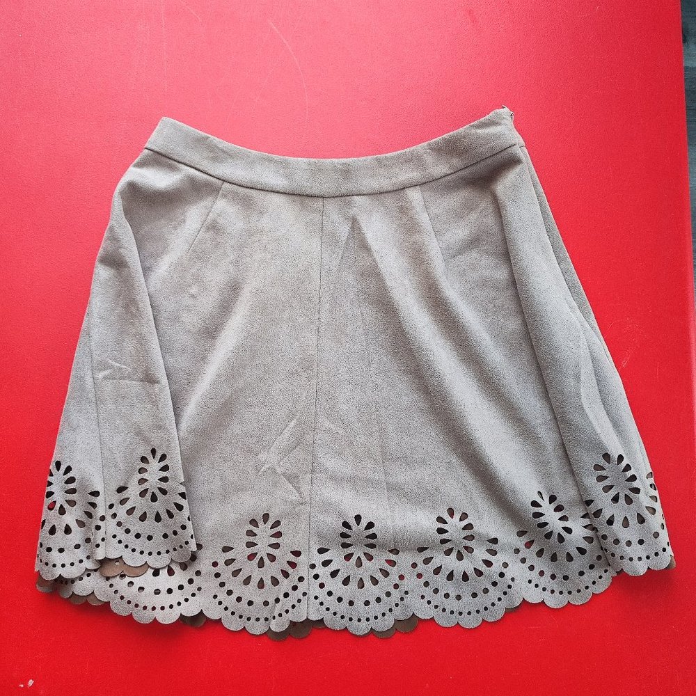Noless laser Cut Faux Suede Skirt mocha brown women's size L NWT